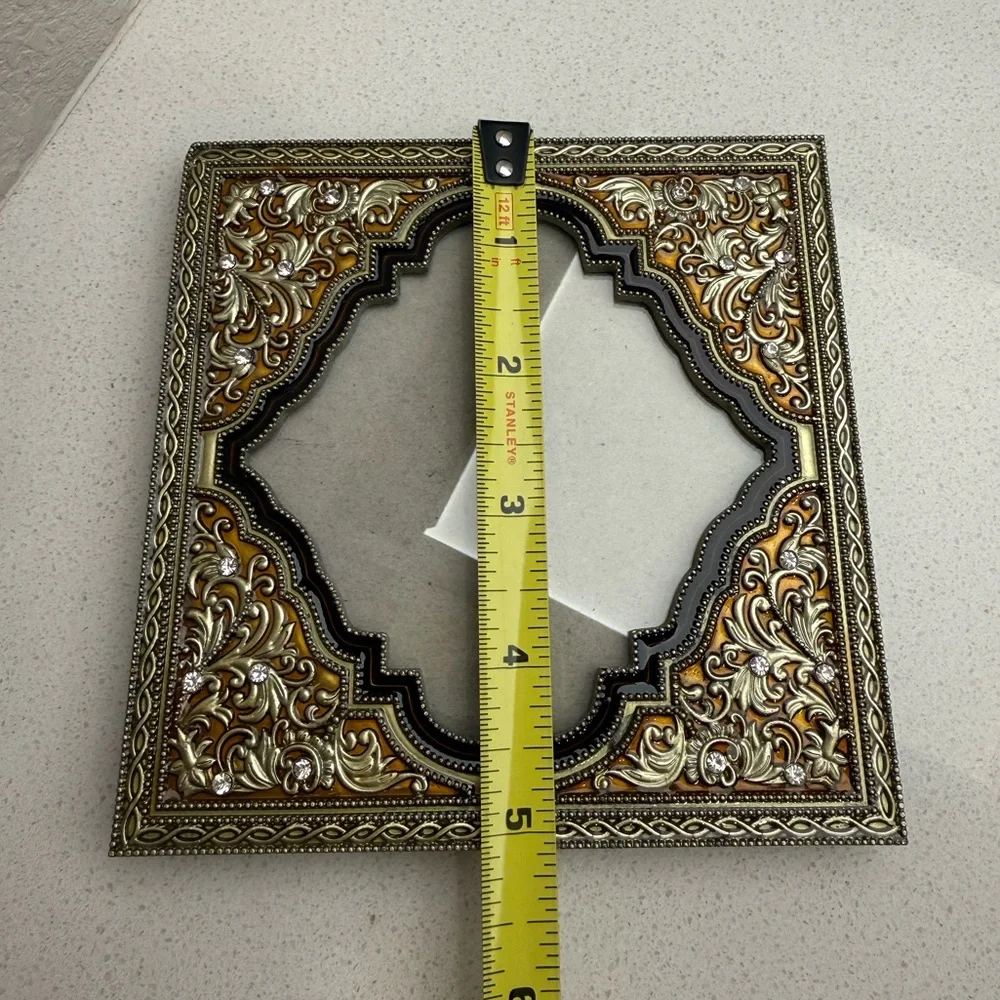 Ornate Black Tan Gold Tone Enamel Floral Rhinestones Frame Heavy
